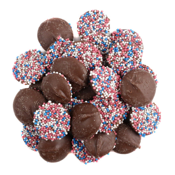 Patriotic milk chocolate nonpareil discs, topped with vibrant red, white, and blue sprinkles. Approximately 130 pieces per pound.