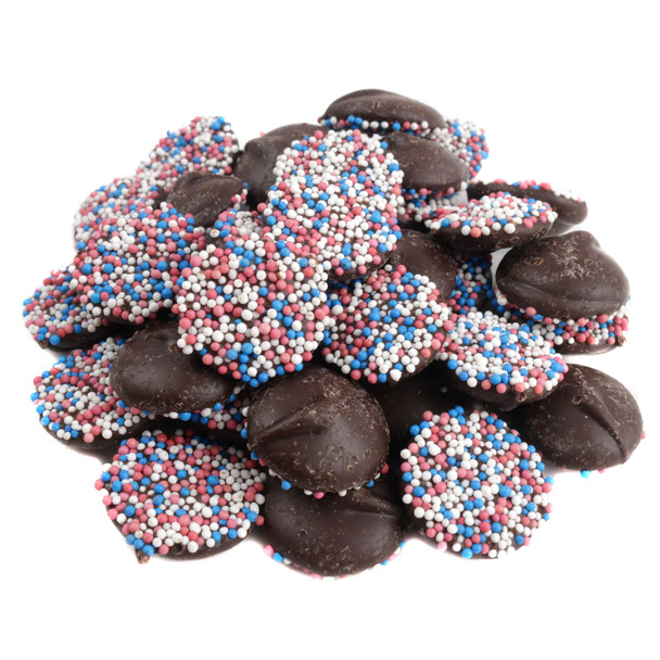Patriotic Dark Chocolate Nonpareils. Many red, white, blue nonpareil dots on dark chocolate, 4th of July.