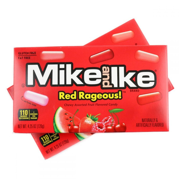 Mike and Ike Red Rageous 12-pack, multiple pink and red theater boxes, fruity watermelon, cherry, strawberry candies.