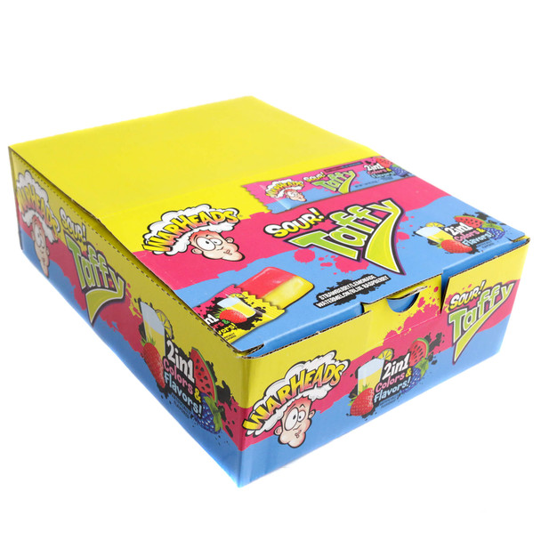 Warheads Sour Taffy 24 piece box, multi-colored bars, Watermelon Blue Raspberry, Strawberry Lemonade sour flavors.