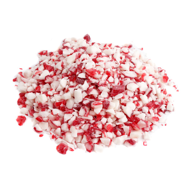 Crushed Peppermint candy, bright red and white pieces for holiday baking, peppermint bark, dessert toppings.