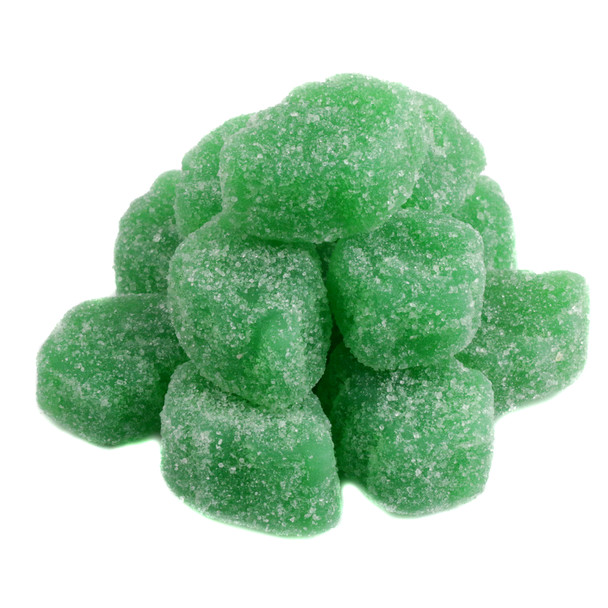 Vibrant green spearmint leaf jelly candies, sugar-sanded, soft, chewy, approx. 45 pcs per pound.