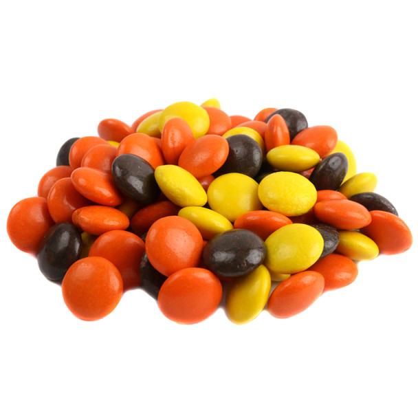 Reese's Pieces, yellow, orange, brown peanut butter candy, small button size, approx 500 pieces per pound.