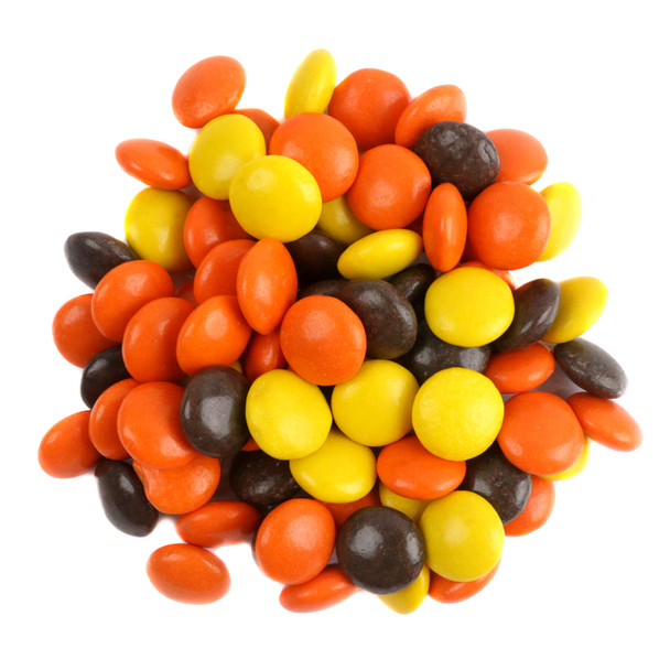 Reese's Pieces, small button-size yellow, orange, brown peanut butter candy. Sweet, salty, approx 500 pieces per pound.