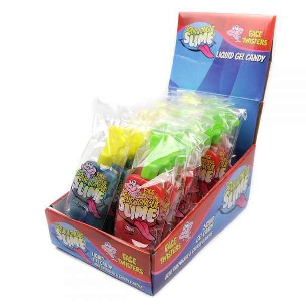 Face Twisters Sour Tongue Slime, 24 pc. Blue raspberry & cherry sour candy in tongue-shaped dispensers.