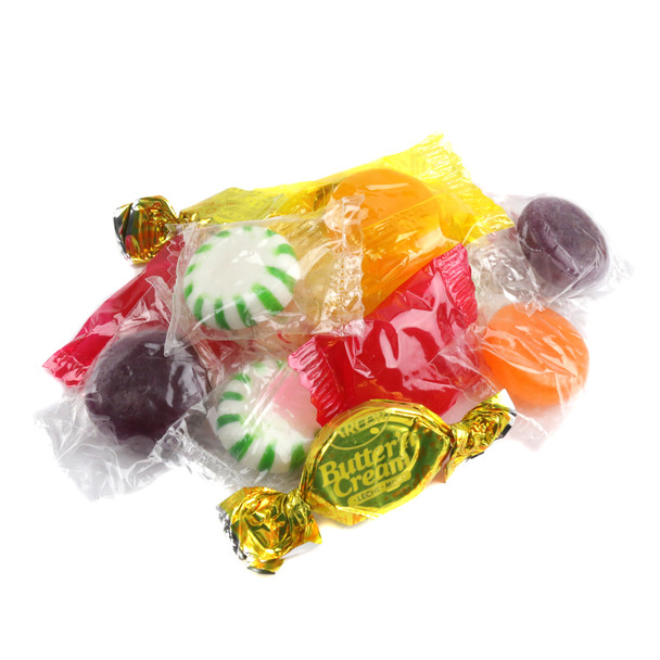 Deluxe Hard Candy Mix, colorful fruit assorted hard candies, butterscotch, peppermint, strawberry bon bons, approx 80 pieces per pound.
