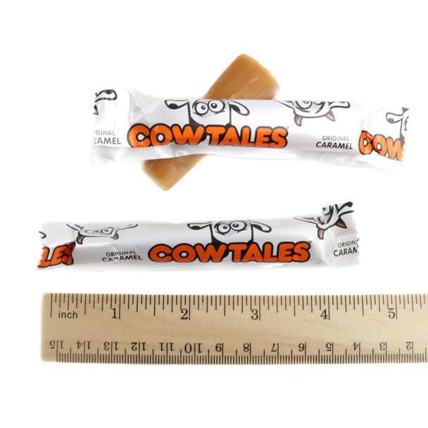 Goetze's Mini Caramel Cow Tales, soft cream center, golden brown caramel, 2.5 inches, wrapped, approx. 40 per pound.