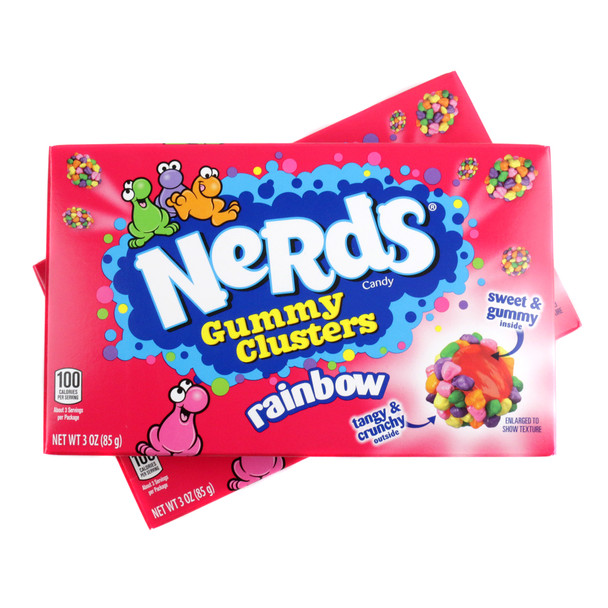 Nerds Gummy Cluster Theater Box, 12 pack. Vibrant rainbow gummies with crunchy Nerds candy.