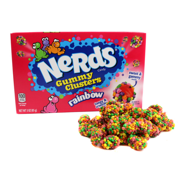 Nerds Gummy Cluster 12 pack theater boxes, vibrant rainbow gummies with crunchy Nerds candy.