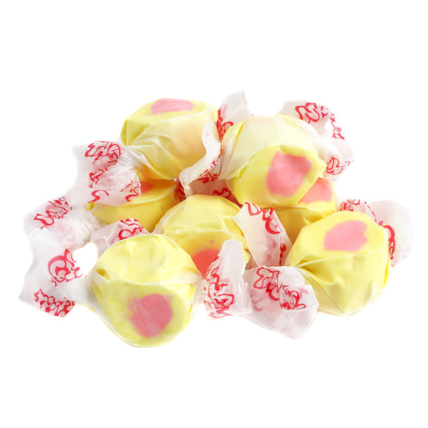 Yellow guava salt water taffy, approximately 65 tropical pieces per pound, made in USA.