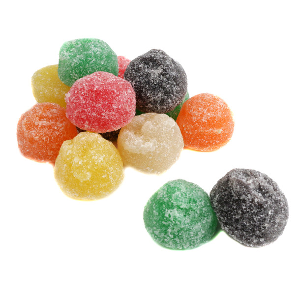 Giant old-fashioned fruit flavor gumdrops, sugar-coated in white, red, green, yellow, orange, dark purple. Approx 45/lb.