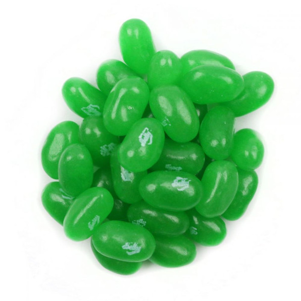 Bright green Jelly Belly Green Apple jelly beans, approximately 400 per pound. Sweet, tangy, USA-made candy.
