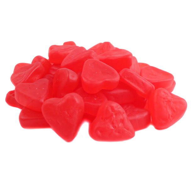 Red heart-shaped Swedish Fish candies, bulk unwrapped. Soft, chewy cherry flavored, approx 125 pieces per pound.