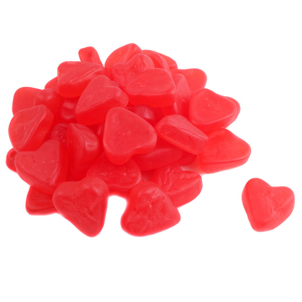 Red heart-shaped Swedish Fish candy, soft chewy cherry flavor. Approx 125 unwrapped pieces per pound, perfect for Valentine's.