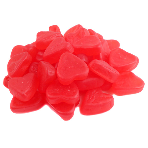 Red heart-shaped Swedish Fish Hearts, bulk unwrapped candy. Soft chewy cherry flavor, approx 125 pieces.