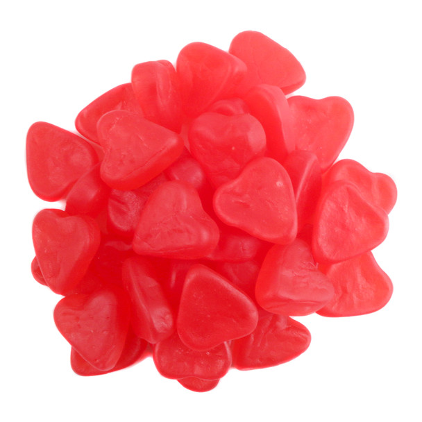 Red, heart-shaped Swedish Fish Hearts, chewy cherry candy, approx 125 unwrapped pieces per pound.