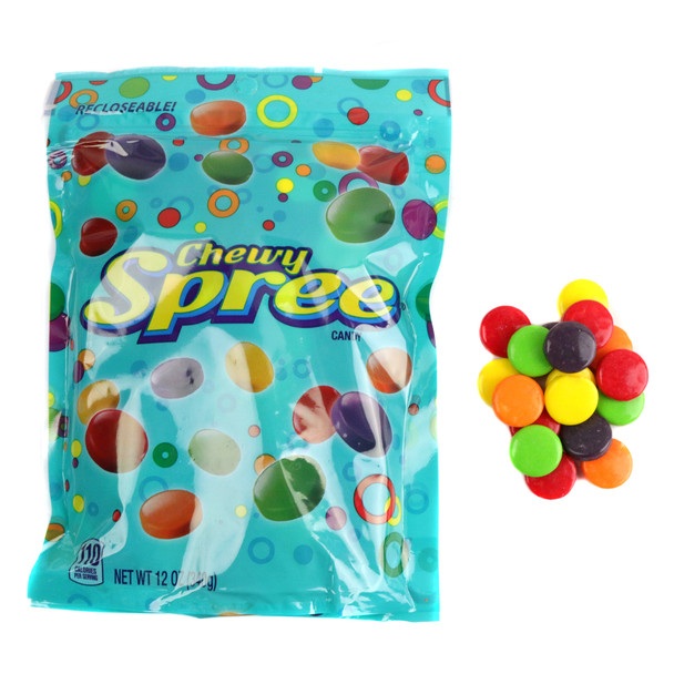 Chewy Spree 12oz bag, rainbow-colored candy disks, sour and sweet grape lemon lime cherry orange chewy candy.