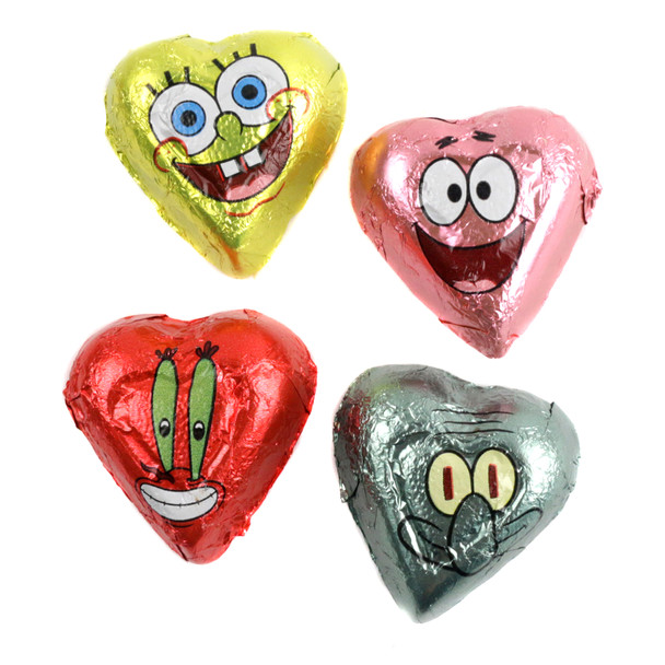 Assorted color, foil-wrapped SpongeBob Valentine chocolatey hearts, featuring characters, approx 48 pieces, Palmer.