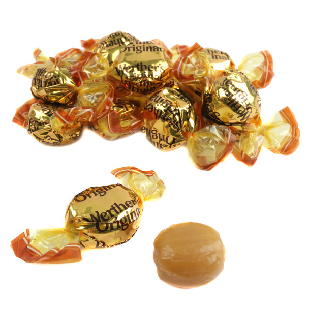Gold Werthers Original caramel filled hard candies, creamy sweet, 75 pieces per pound.