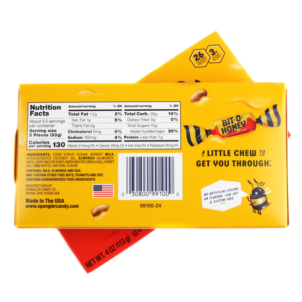 12 pack of Bit-O-Honey 4 oz. golden theater boxes, chewy honey taffy with roasted almonds.