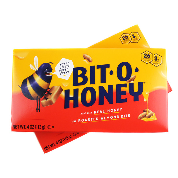 12 pack of 4 oz Bit-O-Honey candy theater boxes, golden chewy taffy with roasted almond pieces.