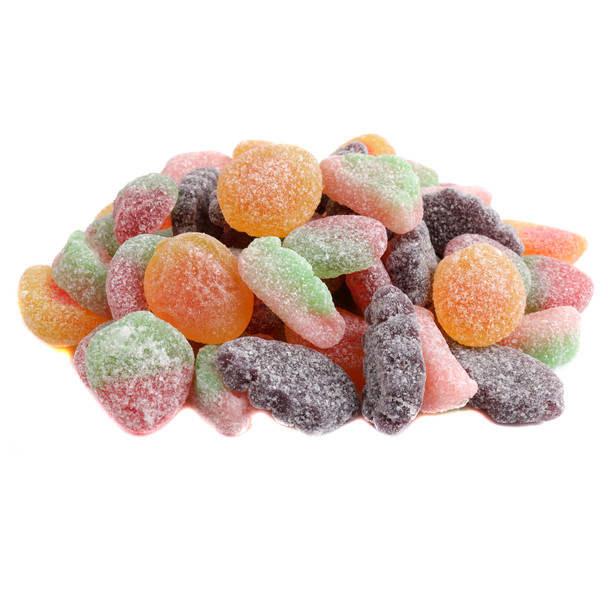 Colorful Sour Patch Fruit Mix, approx 110 pieces. Red watermelon, purple grape, red strawberry, orange peach sour gummies.