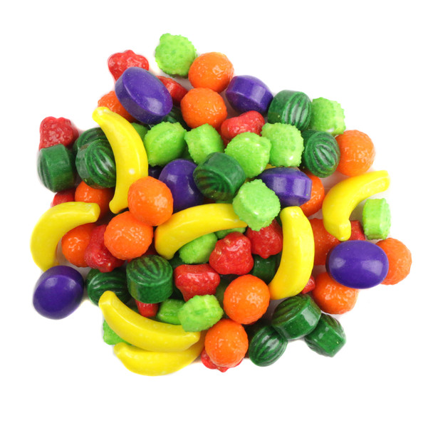 Assorted Fruit Pressed Candy, detailed fruit shapes in bright rainbow colors, approximately 360 pieces per pound, classic fruit flavors.