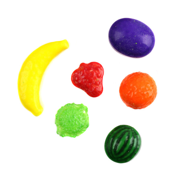 Assorted Fruit Pressed Candy, similar to Runtz, bright rainbow colors, detailed fruit shapes, approx 360 pieces per pound.