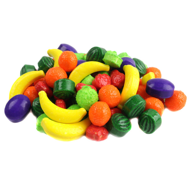 Assorted fruit pressed candy, bright colorful fruit shapes. Banana, strawberry, orange, grape, lime, watermelon. Approx 360 pcs/lb.
