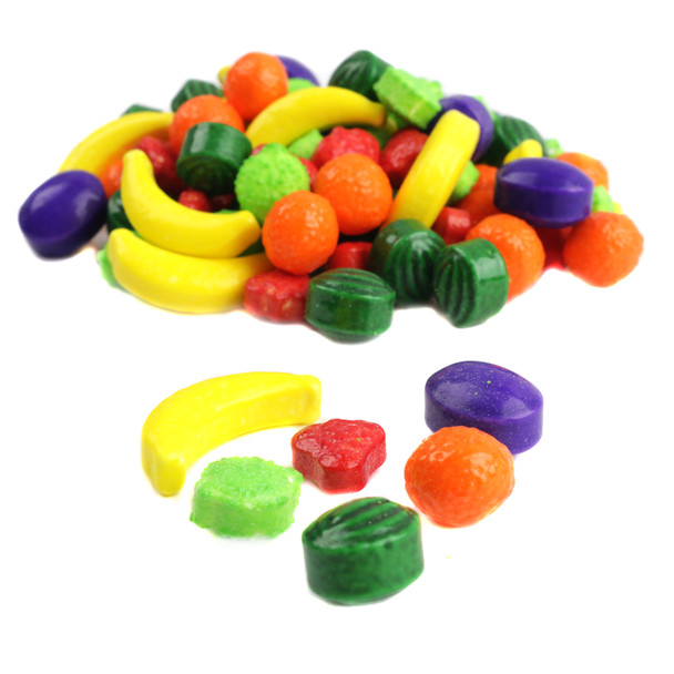Bright rainbow fruit pressed candy, detailed banana, strawberry, grape, lime, orange, watermelon shapes, 360 pieces.