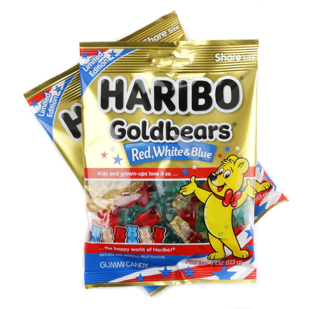 Haribo Red, White & Blue Goldbears, 4oz bag, assorted red, white, blue gummy bears, cherry, pineapple, blue raspberry.