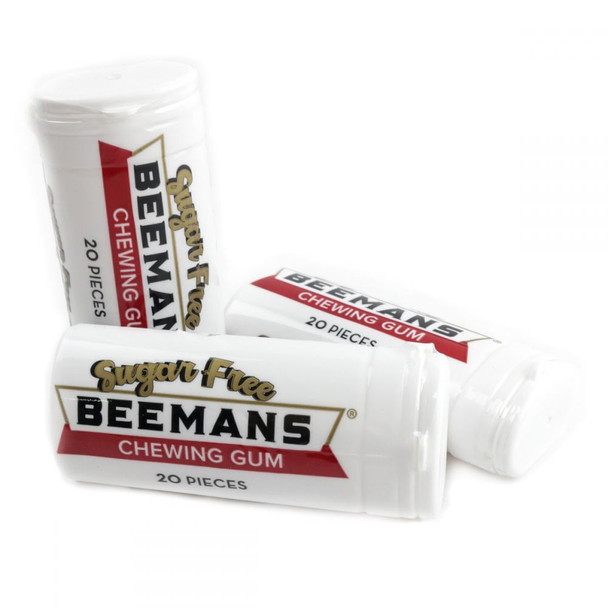 12 pack Sugar Free Beemans Chewing Gum, classic white, 20 bite-sized hard shell pieces, resealable container.