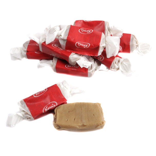 Maple Kisses, approx 56 golden brown, soft chewy taffy candies, pure Canadian maple flavor.