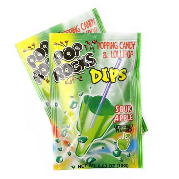 18 pack green Pop Rocks Dips Sour Apple popping candy with tangy lollipop.