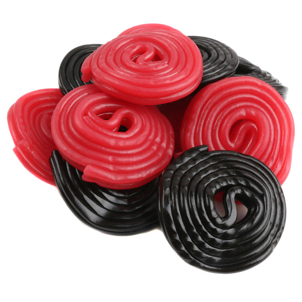 Red and black licorice wheels, rolled, 1.5-inch diameter. Gerrit Verburg candy, approx 45 per pound.
