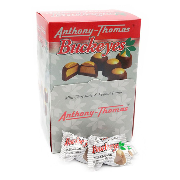 Anthony Thomas Buckeyes, 60 individually wrapped chocolate peanut butter candies, dark brown chocolate, light brown peanut butter.