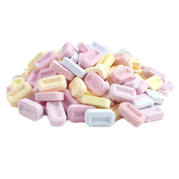 Bulk Pez fruit candy assortment, colorful. Watermelon, blue raspberry, grape, orange, apple, cherry flavors.