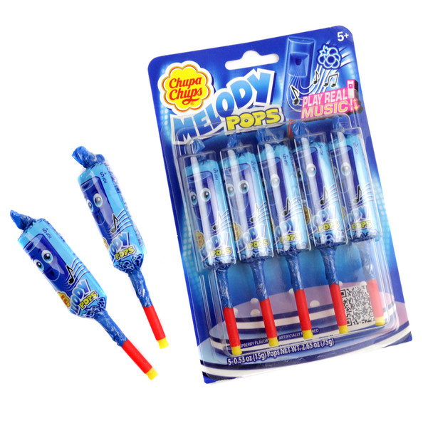 Chupa Chups Melody Pop, 30 blue raspberry lollipops, 6 individually wrapped blue candy packs.