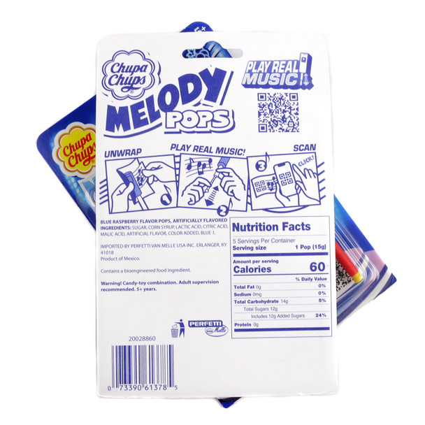 Chupa Chups Melody Pop Blue Raspberry, 6 blister packs, 30 total blue lollipops, individually wrapped, plays music.