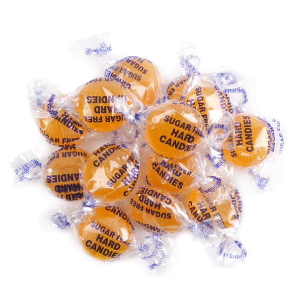 Individually wrapped Arcor Sugar Free Butterscotch Hard Candy, approx 75 golden-brown pieces per pound.