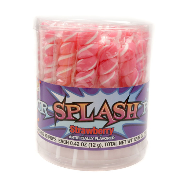 30 light pink twist lollipops, strawberry flavored, individually wrapped.