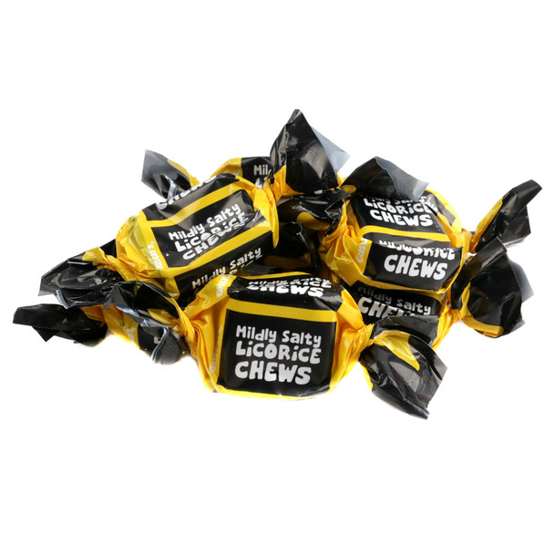 Chewy black Gerrit Verburg Mildly Salty Licorice Toffees. Rich licorice flavor, 95 pieces per pound.