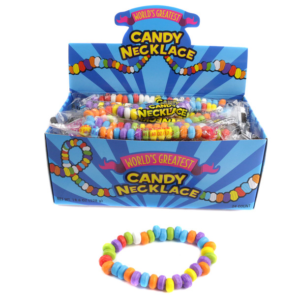 24 bright rainbow candy necklaces, individually wrapped. Each novelty necklace is .78oz, perfect for parties.