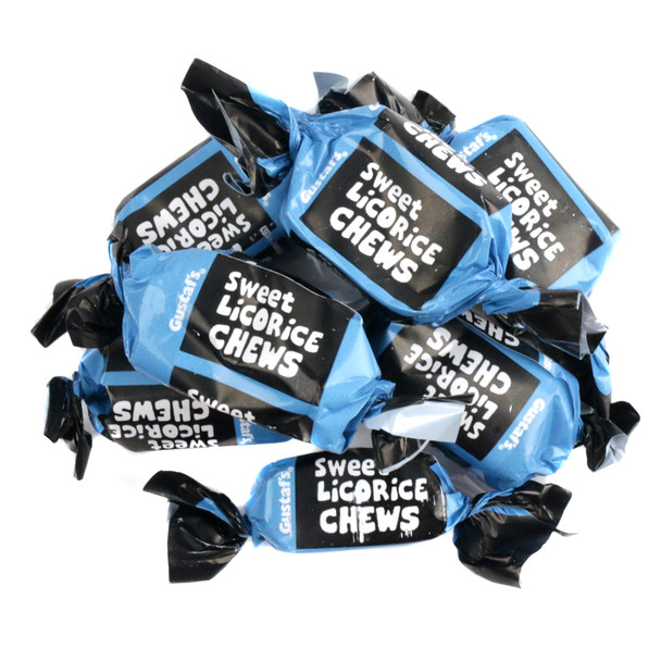 Sweet black licorice toffees, individually wrapped, many dark pieces, classic flavor.