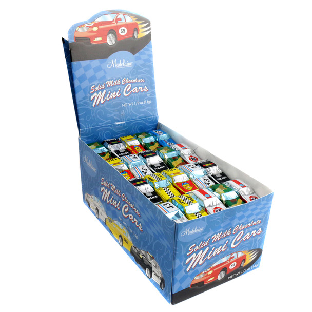 100 colorful Italian foil-wrapped mini milk chocolate cars with various race car designs.