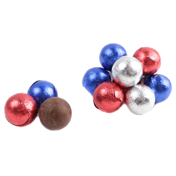 Milk chocolate balls, 60 per pound, wrapped in red, silver, and blue foils, perfect for patriotic parties.