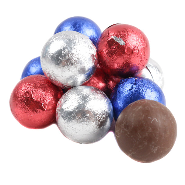 Milk chocolate balls, red, silver, blue foil wrapped, approx. 60 per pound, 3/4-inch diameter.