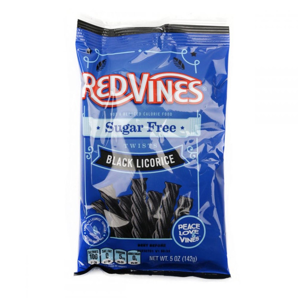 Sugar Free Red Vines Black Licorice Twists, 6-pack. Soft, chewy, dark black licorice candy, Made in USA.