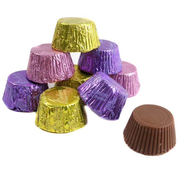 Easter Peanut Butter Cups, milk chocolate, creamy peanut butter, pastel yellow, purple, pink foils, approx 40 per lb.