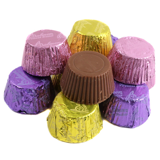 RM Palmer Easter Peanut Butter Cups, approx 40 per pound, milk chocolate, peanut butter, pastel yellow, purple, pink foil.